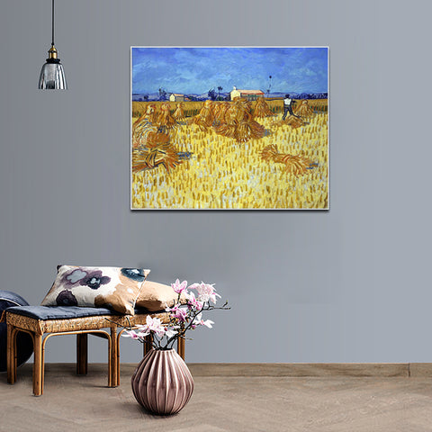 Framed Canvas Corn Harvest In Provence by Vincent Van Gogh Wall Art