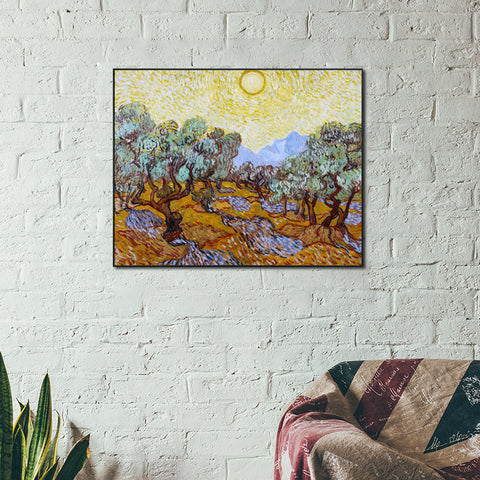 Framed Canvas Olive Trees With Yellow Sky And Sun by Vincent Van Gogh Wall Art