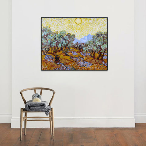 Framed Canvas Olive Trees With Yellow Sky And Sun by Vincent Van Gogh Wall Art