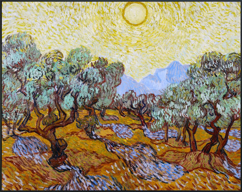 Framed Canvas Olive Trees With Yellow Sky And Sun by Vincent Van Gogh Wall Art