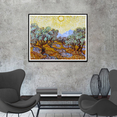 Framed Canvas Olive Trees With Yellow Sky And Sun by Vincent Van Gogh Wall Art