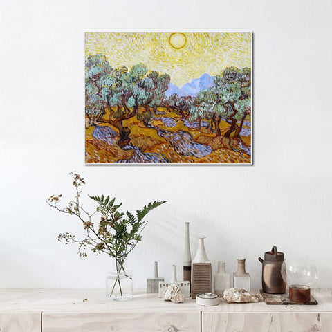 Framed Canvas Olive Trees With Yellow Sky And Sun by Vincent Van Gogh Wall Art