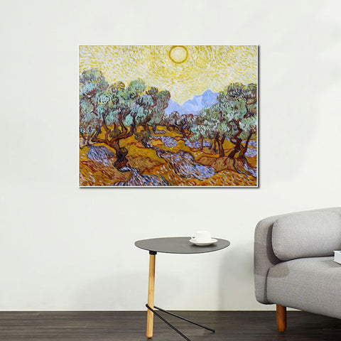 Framed Canvas Olive Trees With Yellow Sky And Sun by Vincent Van Gogh Wall Art