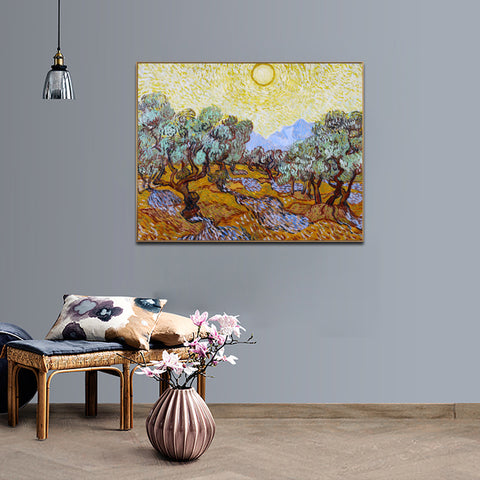 Framed Canvas Olive Trees With Yellow Sky And Sun by Vincent Van Gogh Wall Art