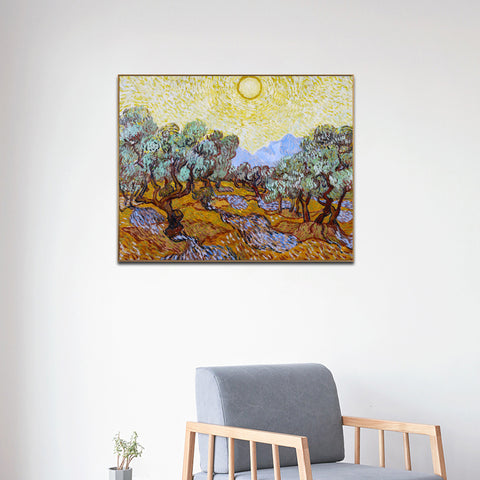 Framed Canvas Olive Trees With Yellow Sky And Sun by Vincent Van Gogh Wall Art