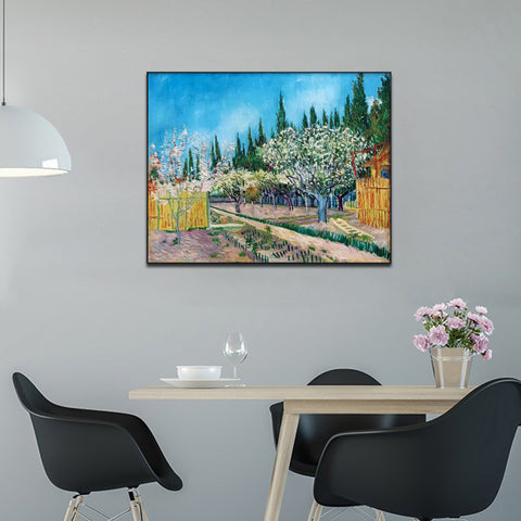 Framed Canvas Orchard in Blossom; Bordered by Cypresses by Vincent Van Gogh Wall Art