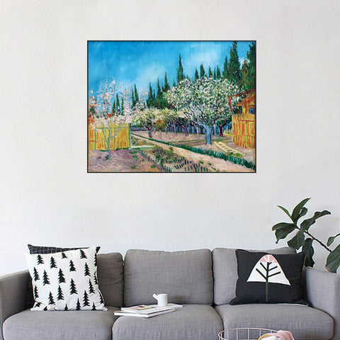 Framed Canvas Orchard in Blossom; Bordered by Cypresses by Vincent Van Gogh Wall Art