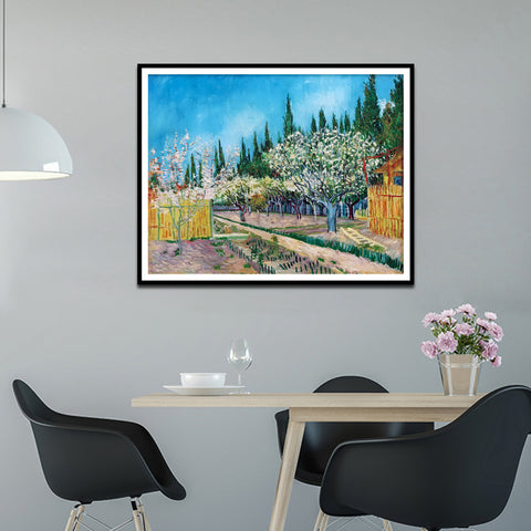Framed Canvas Orchard in Blossom; Bordered by Cypresses by Vincent Van Gogh Wall Art