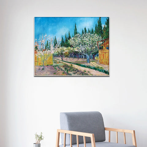 Framed Canvas Orchard in Blossom; Bordered by Cypresses by Vincent Van Gogh Wall Art