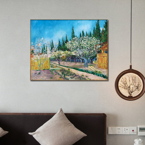 Framed Canvas Orchard in Blossom; Bordered by Cypresses by Vincent Van Gogh Wall Art