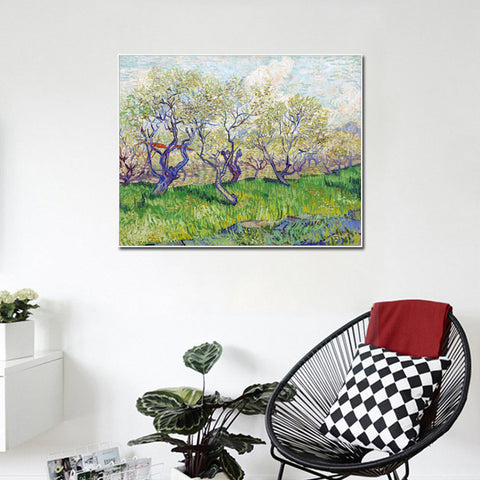 Framed Canvas Orchard in Blossom by Vincent Van Gogh Wall Art