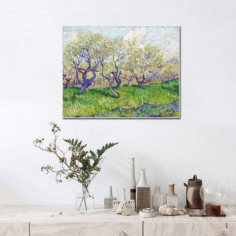 Framed Canvas Orchard in Blossom by Vincent Van Gogh Wall Art