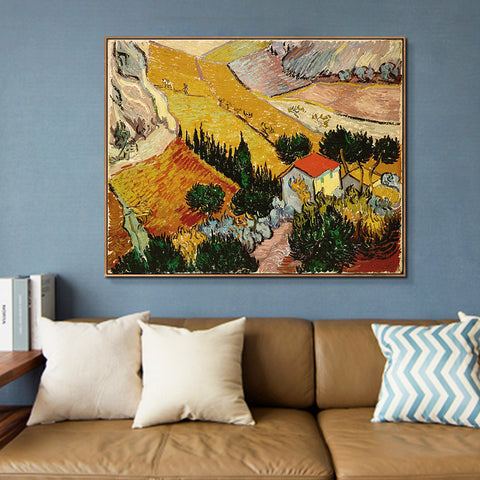 INVIN ART 100% Hand Painted Framed Canvas Valley with Ploughman Seen from Above by Vincent Van Gogh,Famous Oil Paintings Reproduction Modern Artwork Wall Art
