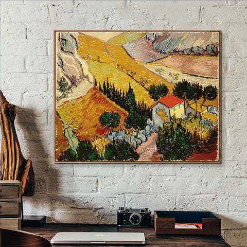 INVIN ART 100% Hand Painted Framed Canvas Valley with Ploughman Seen from Above by Vincent Van Gogh,Famous Oil Paintings Reproduction Modern Artwork Wall Art