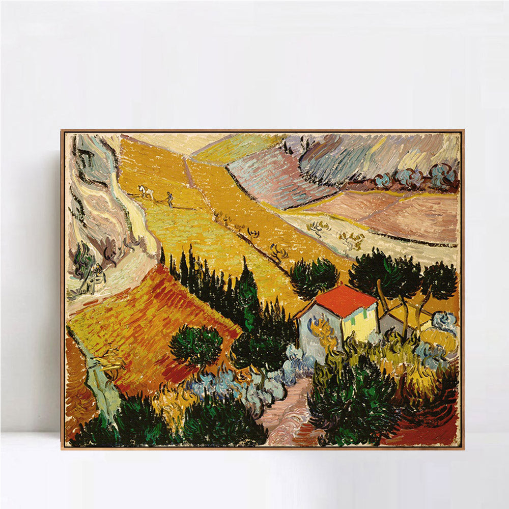 INVIN ART 100% Hand Painted Framed Canvas Valley with Ploughman Seen from Above by Vincent Van Gogh,Famous Oil Paintings Reproduction Modern Artwork Wall Art