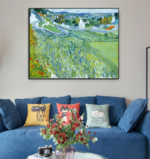 Framed Canvas Vineyards with a View of Auvers by Vincent Van Gogh Wall Art