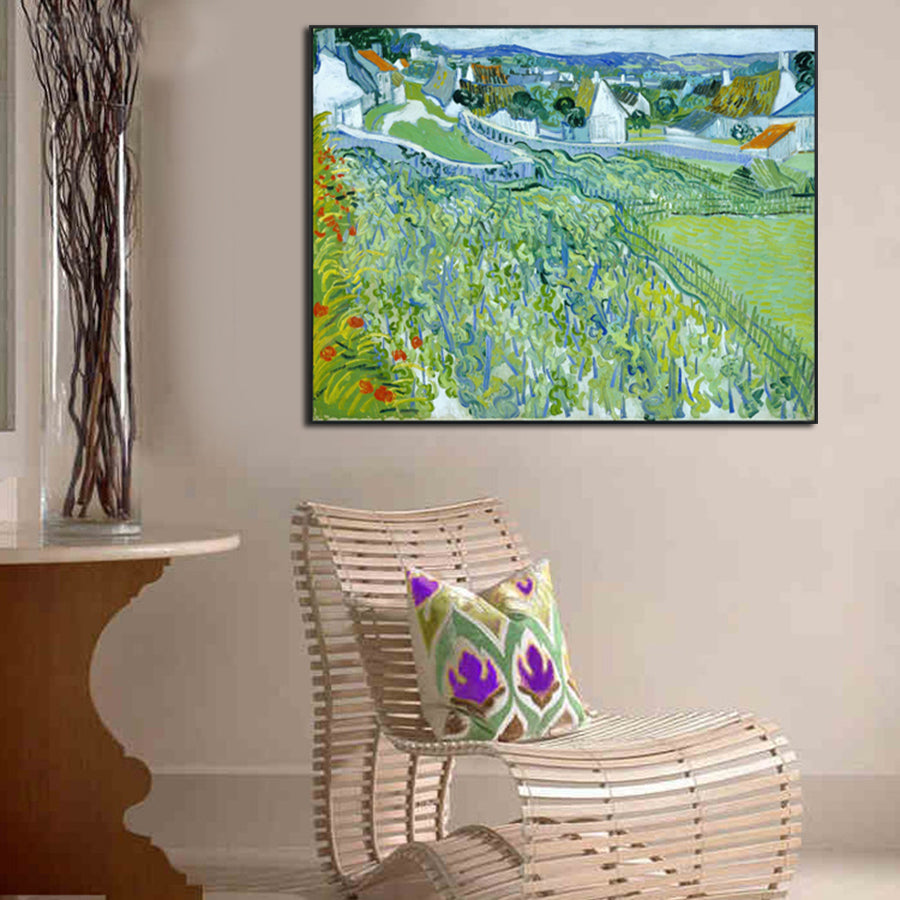 Framed Canvas Vineyards with a View of Auvers by Vincent Van Gogh Wall Art