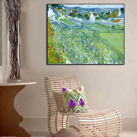 Framed Canvas Vineyards with a View of Auvers by Vincent Van Gogh Wall Art