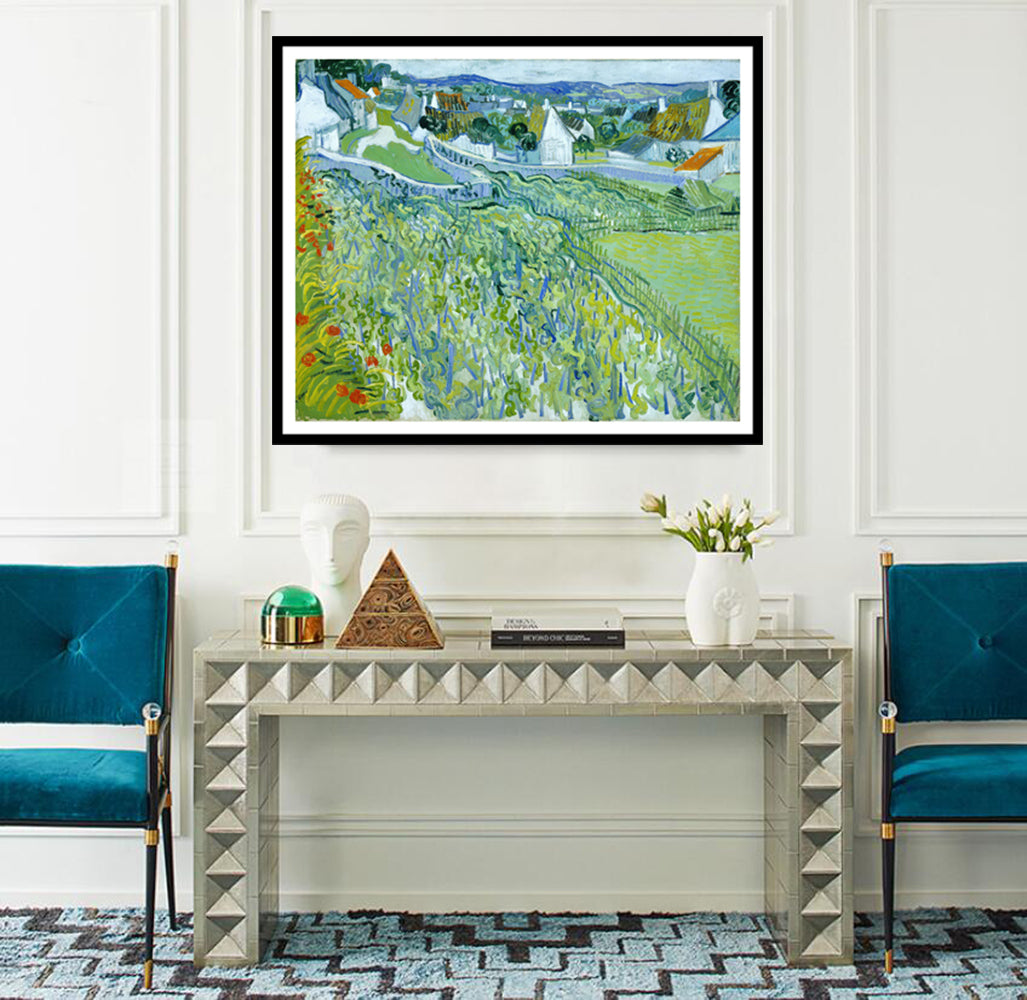 Framed Canvas Vineyards with a View of Auvers by Vincent Van Gogh Wall Art