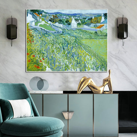 Framed Canvas Vineyards with a View of Auvers by Vincent Van Gogh Wall Art