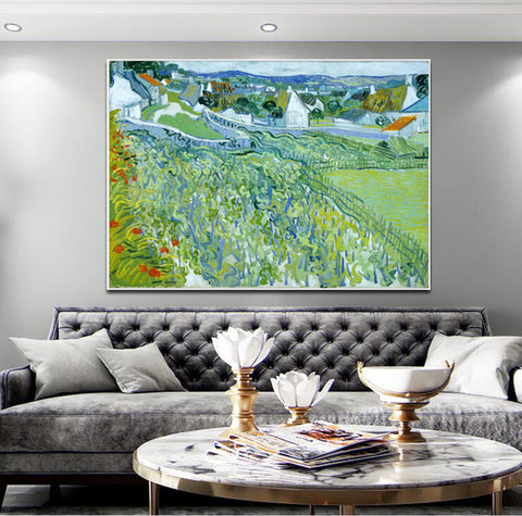 Framed Canvas Vineyards with a View of Auvers by Vincent Van Gogh Wall Art