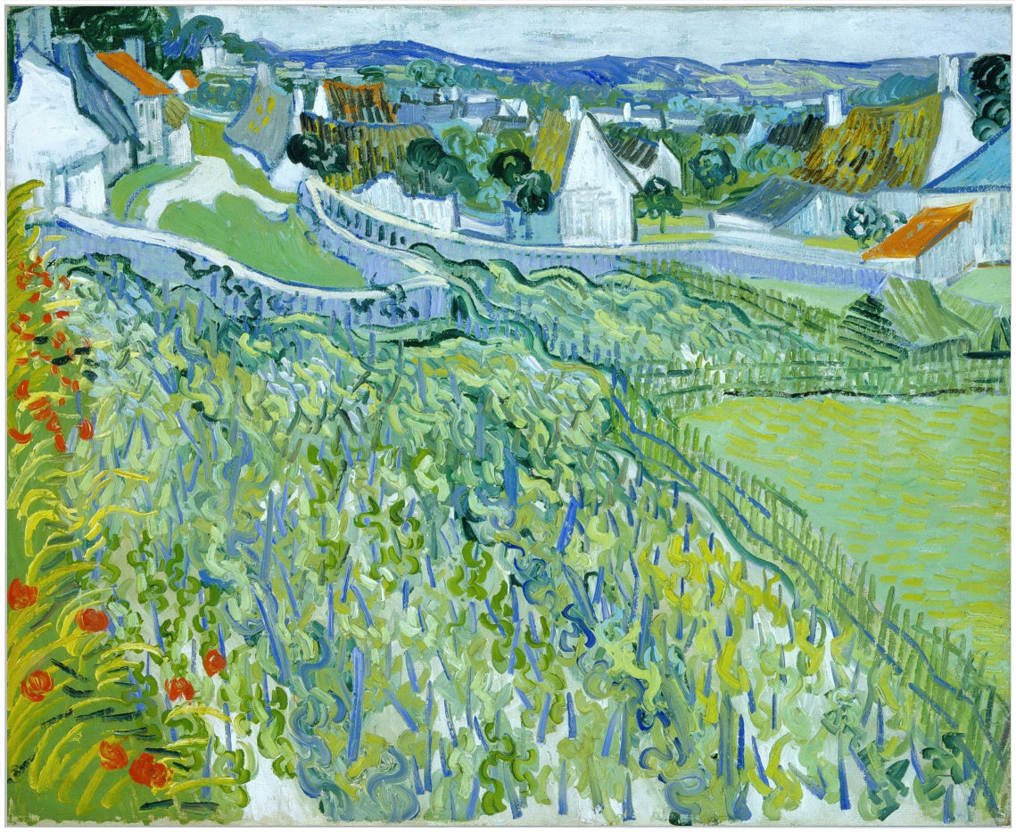 Framed Canvas Vineyards with a View of Auvers by Vincent Van Gogh Wall Art