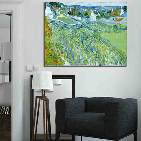 Framed Canvas Vineyards with a View of Auvers by Vincent Van Gogh Wall Art