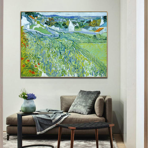 Framed Canvas Vineyards with a View of Auvers by Vincent Van Gogh Wall Art