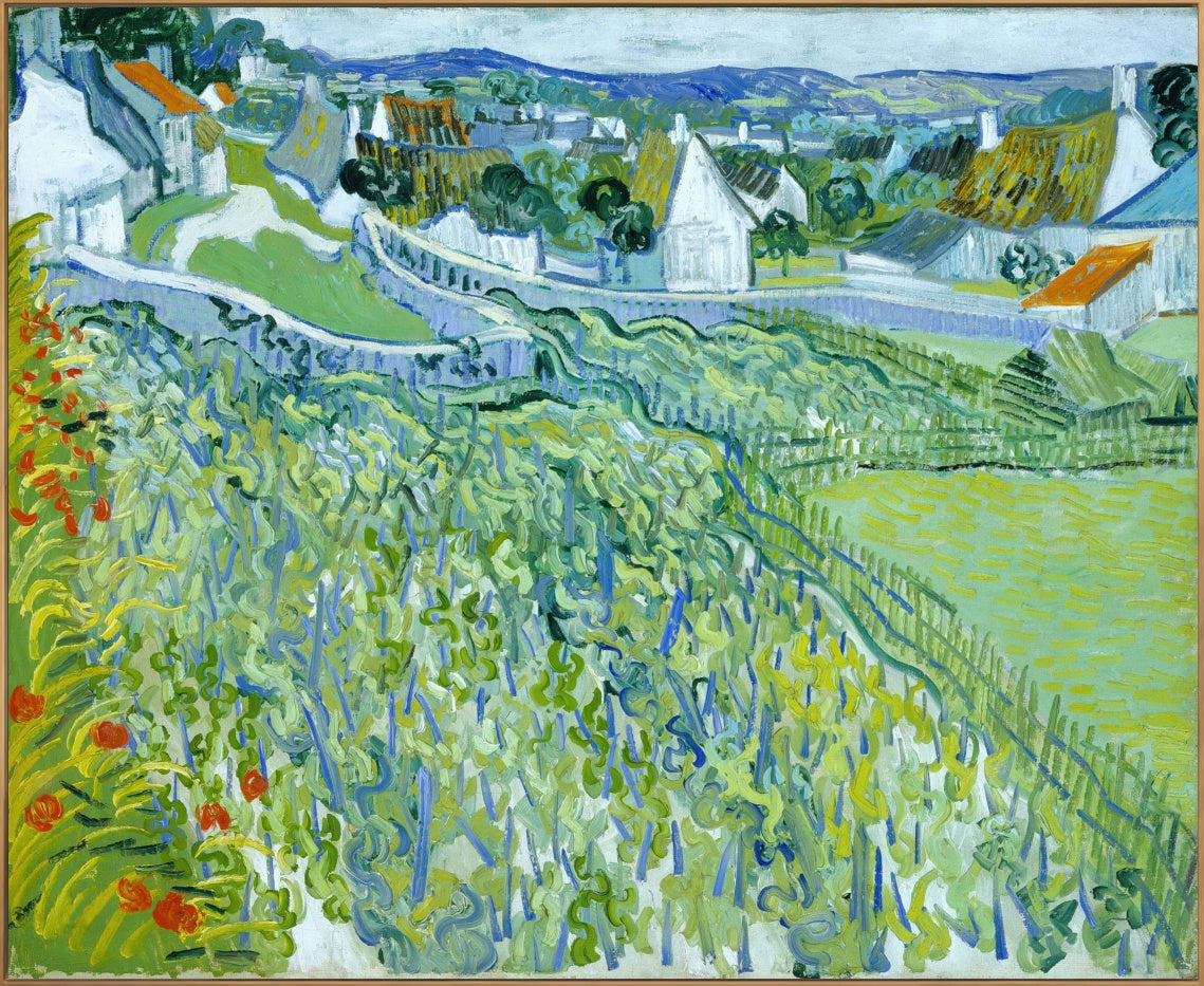 Framed Canvas Vineyards with a View of Auvers by Vincent Van Gogh Wall Art
