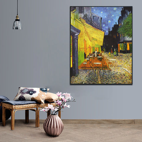 Framed Canvas Cafe Terrace At Night by Vincent Van Gogh Wall Art