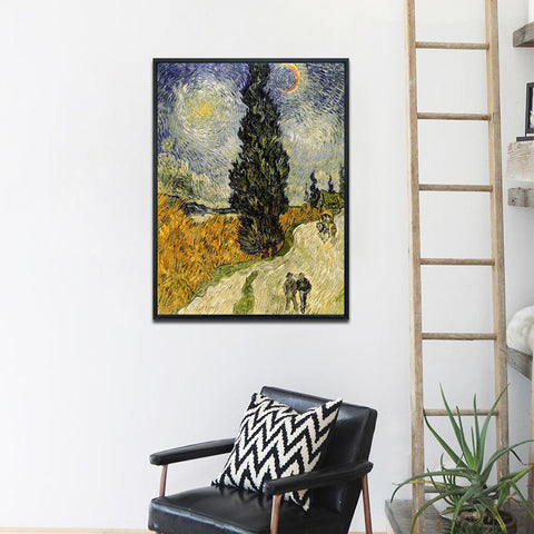 Framed Canvas Road with Cypress and Star by Vincent Van Gogh Wall Art