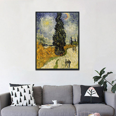Framed Canvas Road with Cypress and Star by Vincent Van Gogh Wall Art