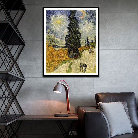 Framed Canvas Road with Cypress and Star by Vincent Van Gogh Wall Art