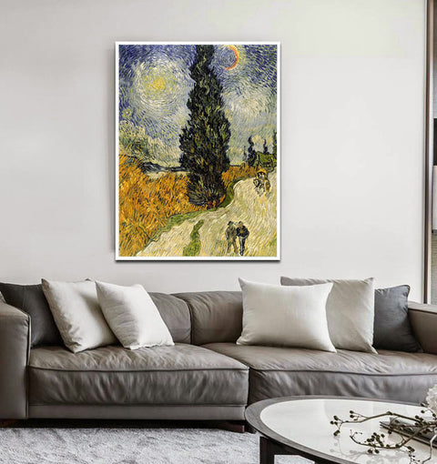 Framed Canvas Road with Cypress and Star by Vincent Van Gogh Wall Art