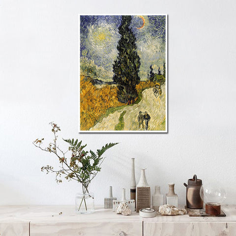 Framed Canvas Road with Cypress and Star by Vincent Van Gogh Wall Art