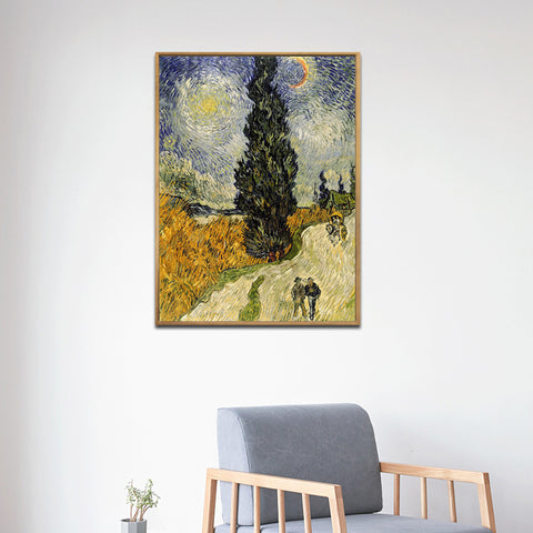 Framed Canvas Road with Cypress and Star by Vincent Van Gogh Wall Art