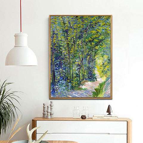 Framed Canvas path in woodland by Vincent Van Gogh Wall Art
