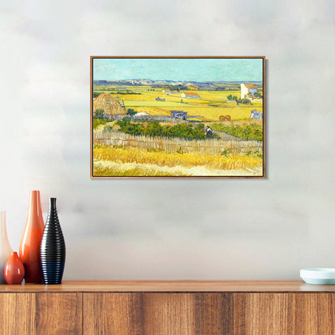 INVIN ART 100% Hand Painted Framed Canvas Harvest Landscape with Blue Cart, 1888 by Vincent Van Gogh,Famous Oil Paintings Reproduction Modern Artwork Wall Art