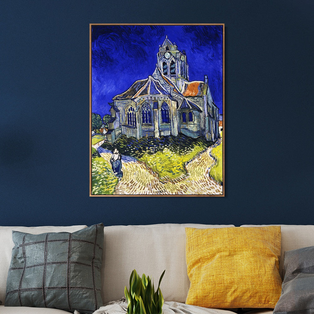 INVIN ART 100% Hand Painted Framed Canvas Church at Auvers (aka The Church at Auvers), 1890 by Vincent Van Gogh,Famous Oil Paintings Reproduction Modern Artwork Wall Art