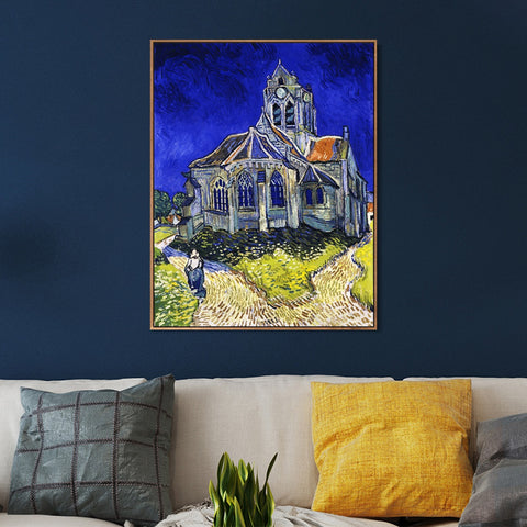 INVIN ART 100% Hand Painted Framed Canvas Church at Auvers (aka The Church at Auvers), 1890 by Vincent Van Gogh,Famous Oil Paintings Reproduction Modern Artwork Wall Art