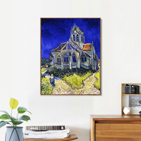 INVIN ART 100% Hand Painted Framed Canvas Church at Auvers (aka The Church at Auvers), 1890 by Vincent Van Gogh,Famous Oil Paintings Reproduction Modern Artwork Wall Art