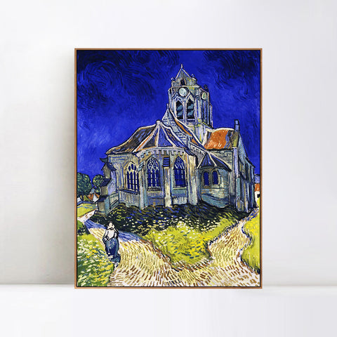 INVIN ART 100% Hand Painted Framed Canvas Church at Auvers (aka The Church at Auvers), 1890 by Vincent Van Gogh,Famous Oil Paintings Reproduction Modern Artwork Wall Art
