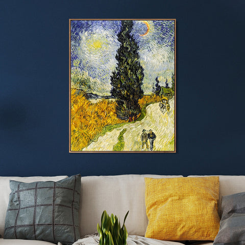 INVIN ART 100% Hand Painted Framed Canvas Road with Cypress and Star, 1890 by Vincent Van Gogh,Famous Oil Paintings Reproduction Modern Artwork Wall Art