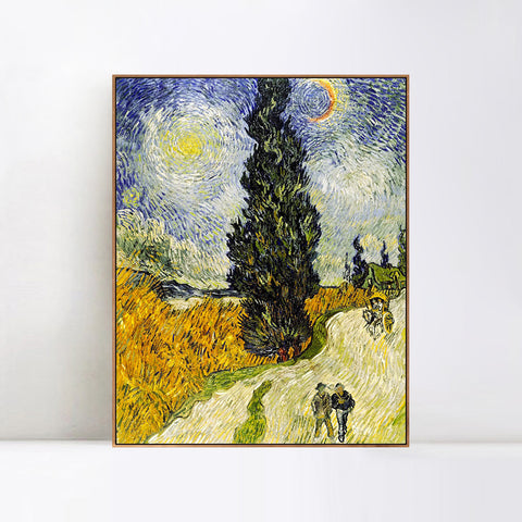 INVIN ART 100% Hand Painted Framed Canvas Road with Cypress and Star, 1890 by Vincent Van Gogh,Famous Oil Paintings Reproduction Modern Artwork Wall Art