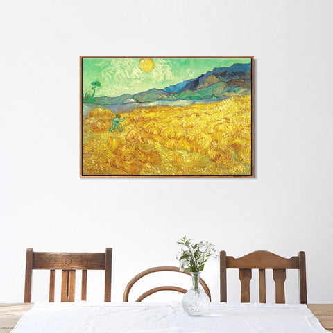 INVIN ART 100% Hand Painted Framed Canvas Wheat Field behind Saint-Paul Hospital with a Reaper, 1889 by Vincent Van Gogh,Famous Oil Paintings Reproduction Art