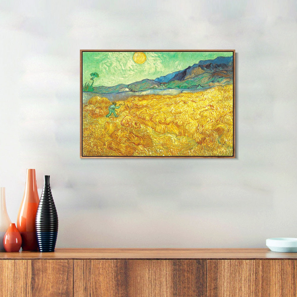 INVIN ART 100% Hand Painted Framed Canvas Wheat Field behind Saint-Paul Hospital with a Reaper, 1889 by Vincent Van Gogh,Famous Oil Paintings Reproduction Art
