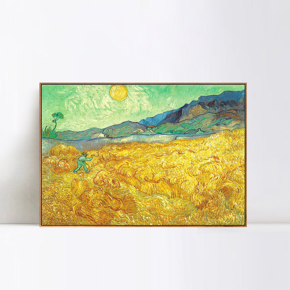 INVIN ART 100% Hand Painted Framed Canvas Wheat Field behind Saint-Paul Hospital with a Reaper, 1889 by Vincent Van Gogh,Famous Oil Paintings Reproduction Art