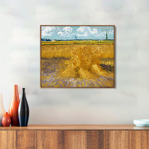 INVIN ART 100% Hand Painted Framed Canvas Wheat Field with Sheaves, 1888 by Vincent Van Gogh,Famous Oil Paintings Reproduction Modern Artwork Wall Art