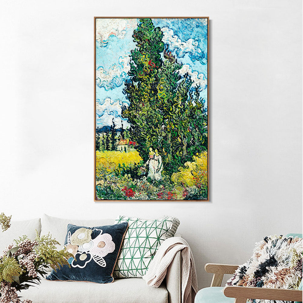 INVIN ART 100% Hand Painted Framed Canvas Cypresses and Two Women, 1890 by Vincent Van Gogh,Famous Oil Paintings Reproduction Modern Artwork Wall Art