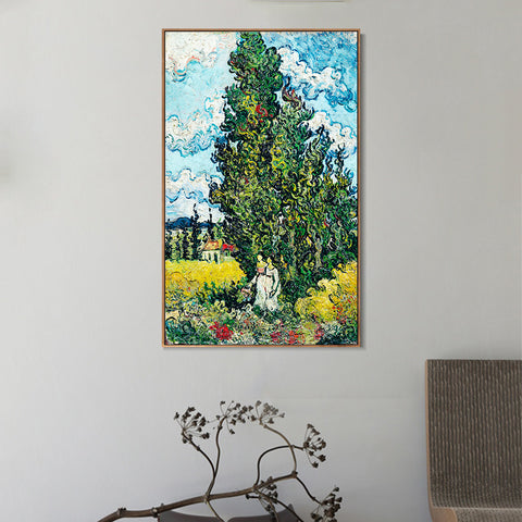 INVIN ART 100% Hand Painted Framed Canvas Cypresses and Two Women, 1890 by Vincent Van Gogh,Famous Oil Paintings Reproduction Modern Artwork Wall Art